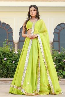 Green embroidered cotton silk stitched lehenga