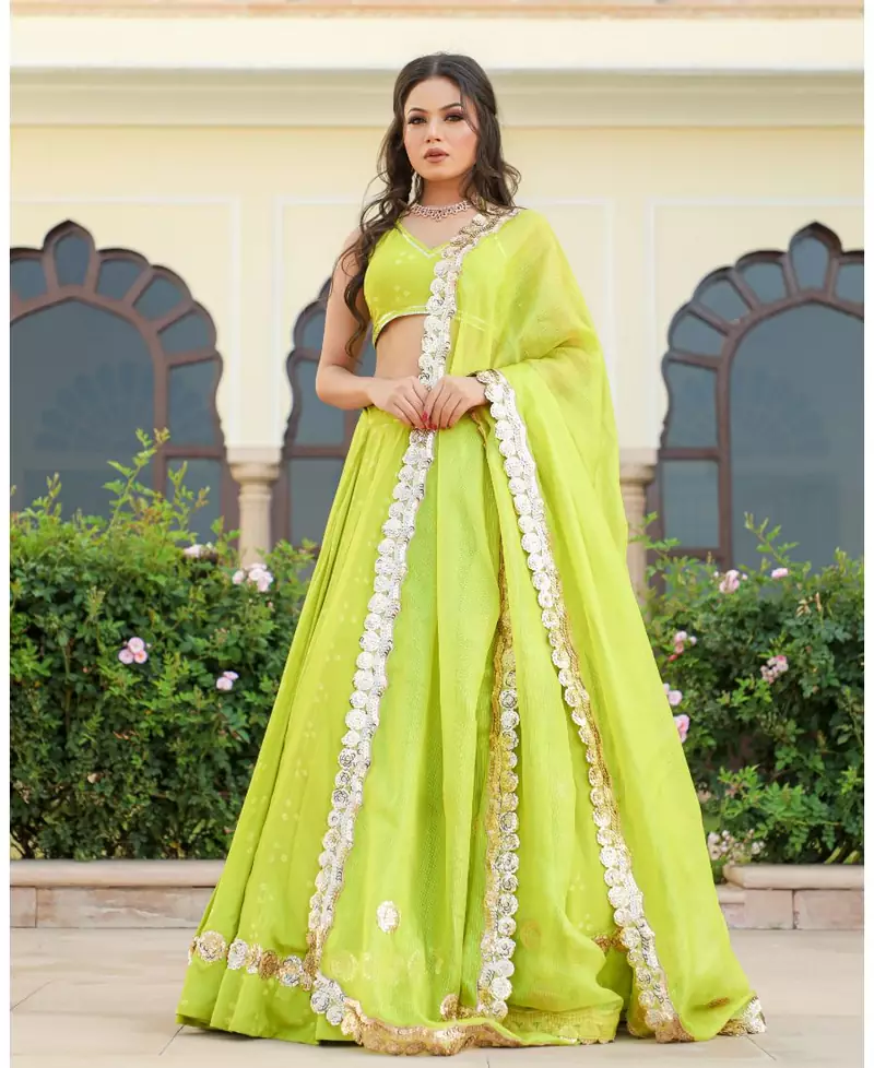 Green embroidered cotton silk stitched lehenga