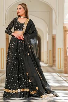 Black embroidered cotton silk stitched lehenga