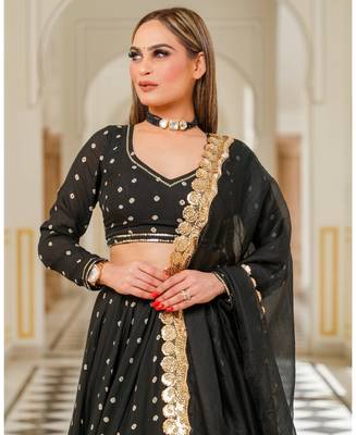 Black embroidered cotton silk stitched lehenga 4