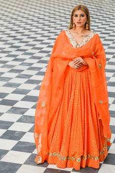 Orange embroidered cotton silk stitched lehenga