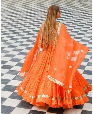 Orange embroidered cotton silk stitched lehenga 3