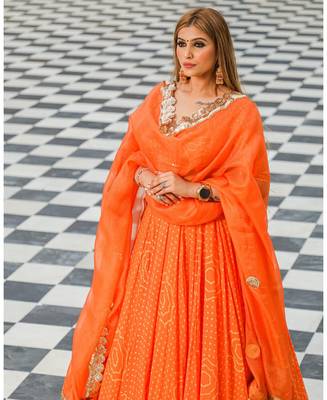 Orange embroidered cotton silk stitched lehenga 4
