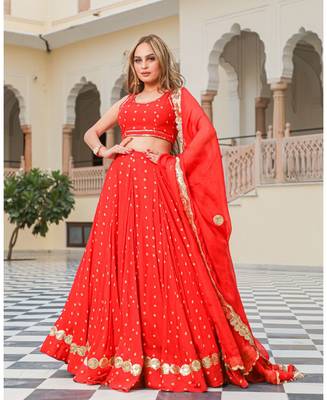 Red embroidered cotton silk stitched lehenga 1