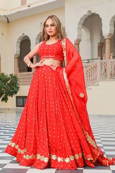 Red embroidered cotton silk stitched lehenga