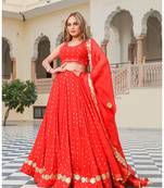 Red embroidered cotton silk stitched lehenga