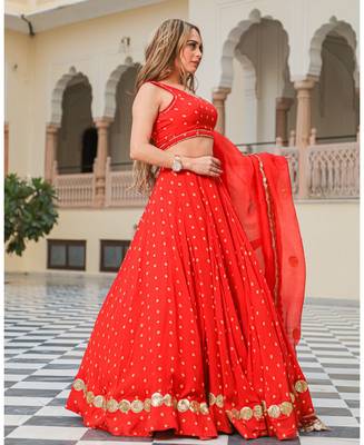 Red embroidered cotton silk stitched lehenga 2