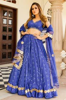 Blue embroidered cotton silk stitched lehenga