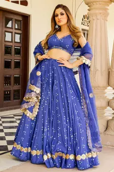 Blue embroidered cotton silk stitched lehenga