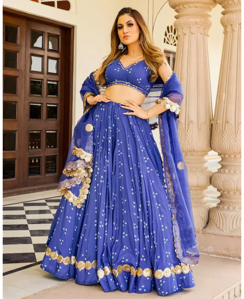 Blue embroidered cotton silk stitched lehenga