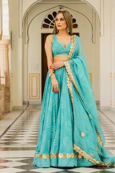 Turquoise embroidered cotton silk stitched lehenga