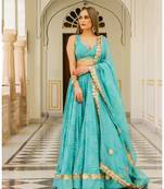 Turquoise embroidered cotton silk stitched lehenga