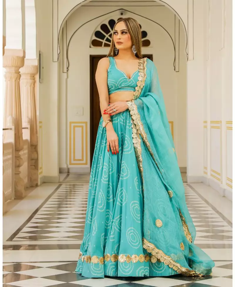 Turquoise embroidered cotton silk stitched lehenga