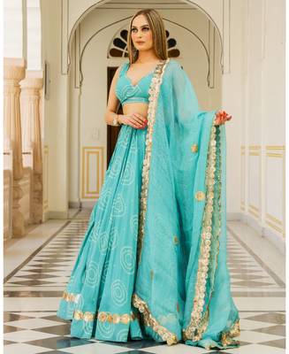 Turquoise embroidered cotton silk stitched lehenga 2
