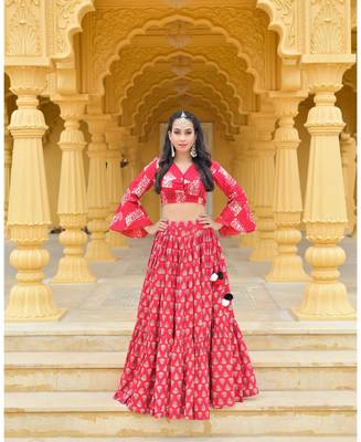Red printed cotton stitched lehenga 1