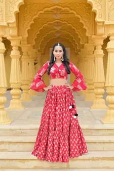 Red printed cotton stitched lehenga
