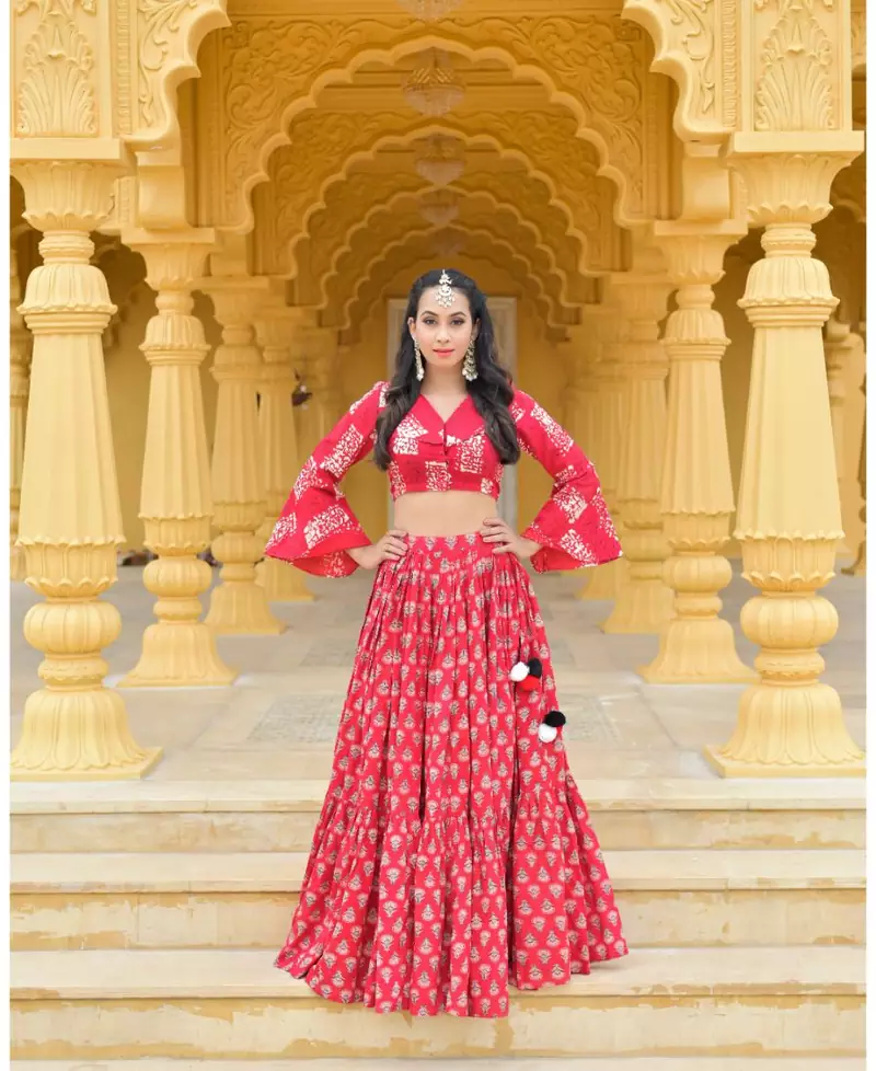 Red printed cotton stitched lehenga