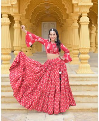 Red printed cotton stitched lehenga 2