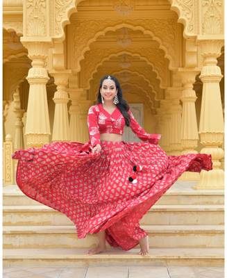 Red printed cotton stitched lehenga 3