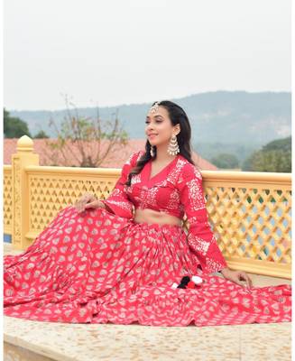 Red printed cotton stitched lehenga 4