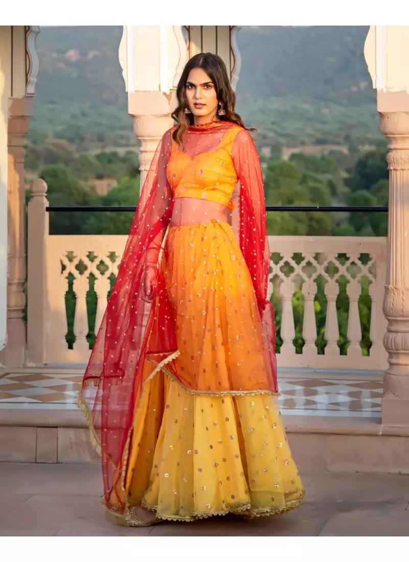 Yellow woven net stitched lehenga