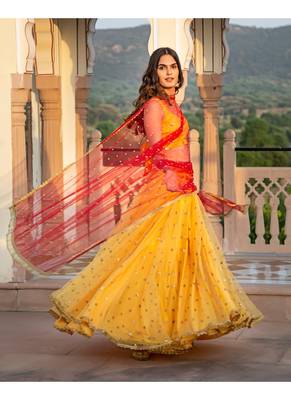 Yellow woven net stitched lehenga 2