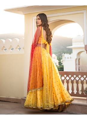 Yellow woven net stitched lehenga 3