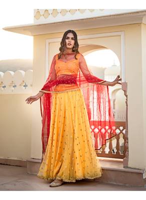 Yellow woven net stitched lehenga 4