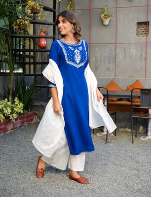 Blue embroidered rayon kurta-suits 2