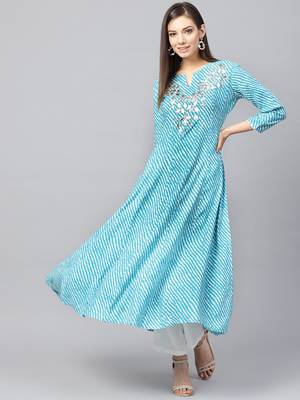 Sky-blue printed rayon long-kurtis 1