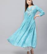 Sky-blue printed rayon long-kurtis