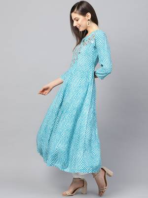 Sky-blue printed rayon long-kurtis 3