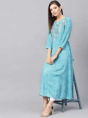 Sky-blue printed rayon long-kurtis 5