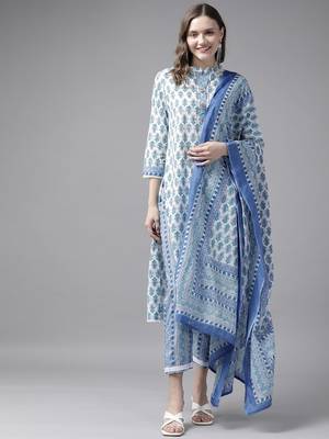 Blue printed cotton kurta-suits 1
