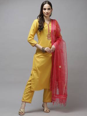Mustard embroidered cotton kurta-suits 1