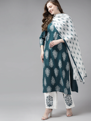 Dark-green printed rayon kurta-suits 1