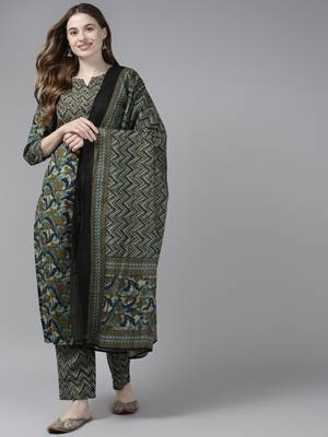 Olive printed cotton kurta-suits 1