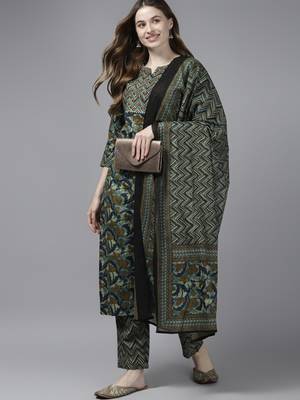 Olive printed cotton kurta-suits 5