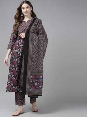 Navy-blue printed cotton kurta-suits 1