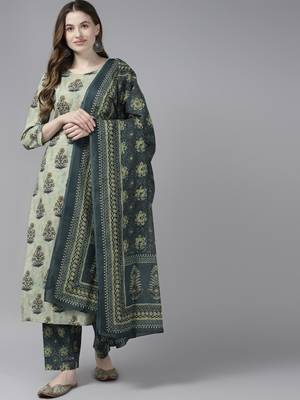 Beige printed cotton kurta-suits 1
