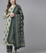 Beige printed cotton kurta-suits