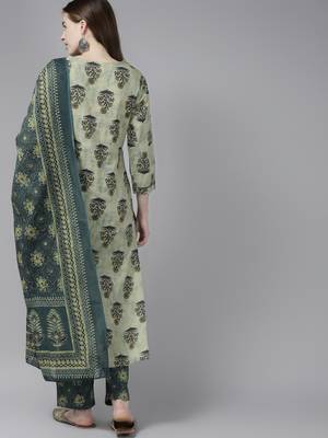 Beige printed cotton kurta-suits 2