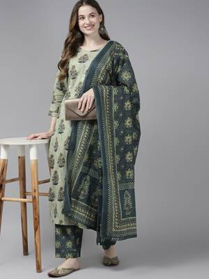 Beige printed cotton kurta-suits 5