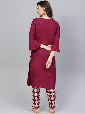 Burgundy plain rayon kurti-trouser 2