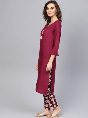 Burgundy plain rayon kurti-trouser 3