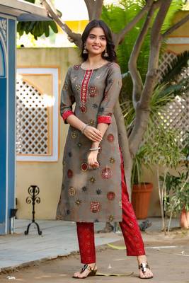 Grey printed cotton kurti-trouser 1