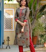 Grey printed cotton kurti-trouser