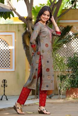 Grey printed cotton kurti-trouser 5