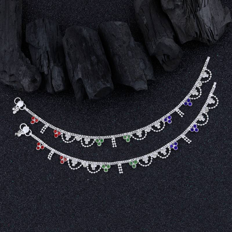 SILVER SHINE Silver Plated Multi Color Diamond  Payal  Anklet for Women And Girl