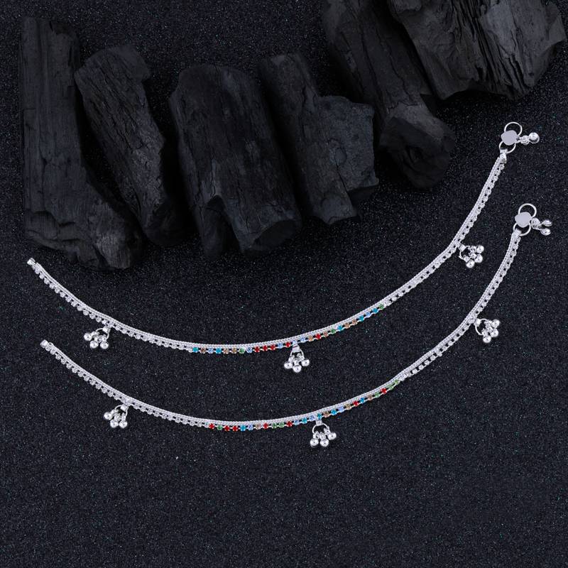 SILVER SHINE Silver Plated Multi Color Diamond Ghungroo Payal  Anklet for Women And Girl